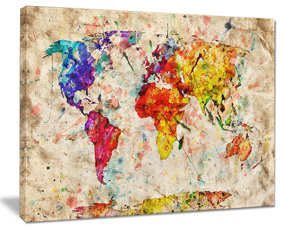 "Vintage World Map Watercolor Maps" Painting Canvas Print, 20"x12"