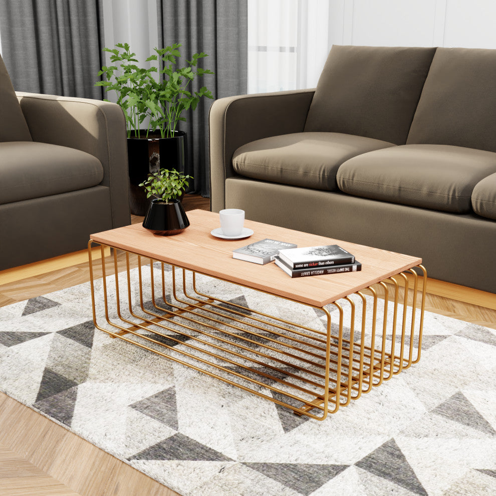 LeisureMod Walden Rectangular Coffee Table Powder Coated Steel Frame, Gold