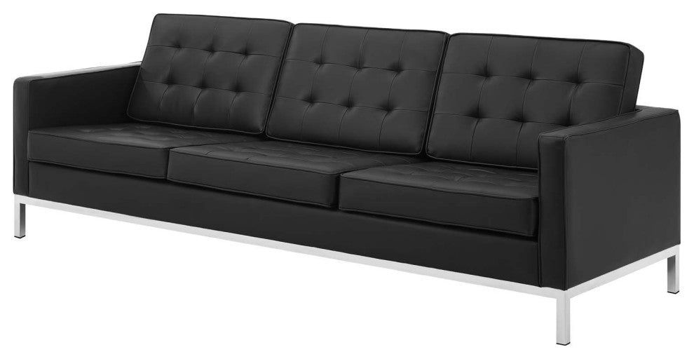 Tufted Armchair and Sofa Set, Faux Leather, Silver Black, Modern, Lounge