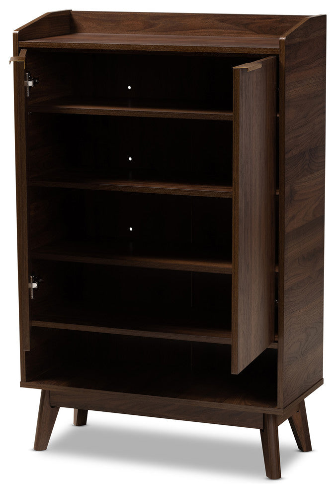 Kayley Mid-Century Modern Walnut Brown 5-Shelf Wood Entryway Shoe Cabinet