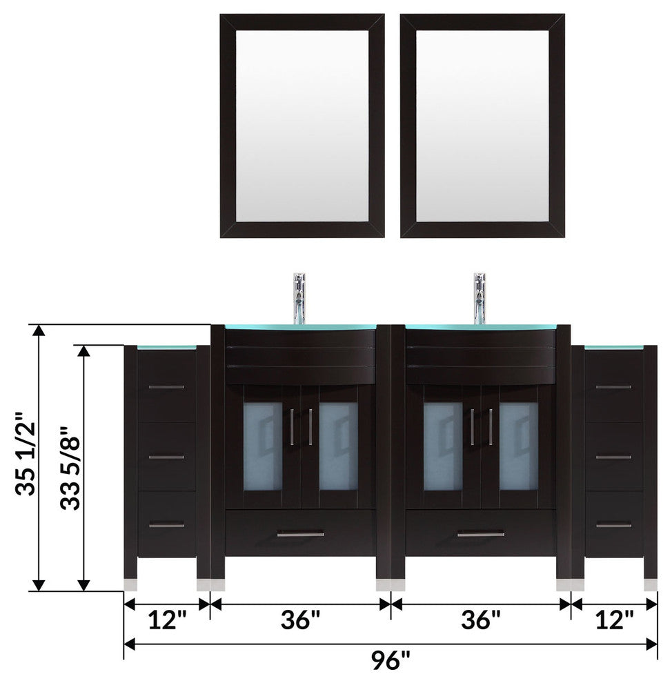 96" Black Vanity, 36" Double Sink Bases, Double 12 Drawer Bases, LV3-C18-96-B