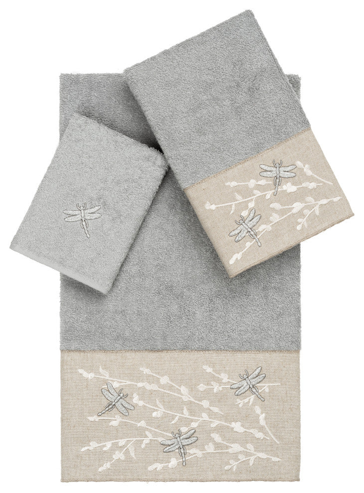Linum Home Turkish Cotton Braelyn 3-Piece Embellished Towel Set, Light Gray