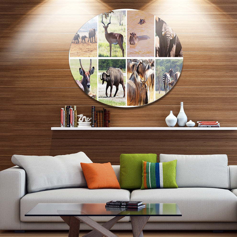 Rich African Wildlife Collage, Animal Round Metal Wall Art, 23"