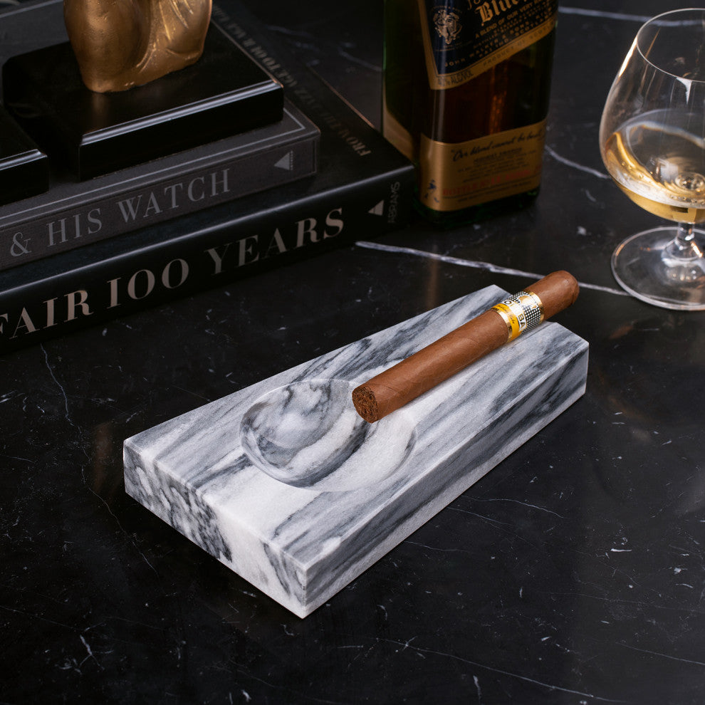 Handcrafted Genuine Marble Single Cigar Ashtray, Carrera Gray Marble