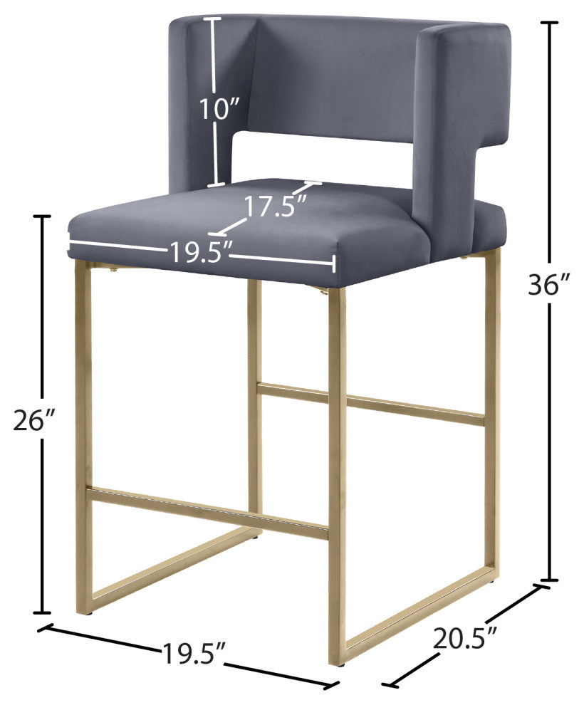 Caleb Upholstered Counter Stool, Set of 2, Gray, Velvet, Brushed Gold