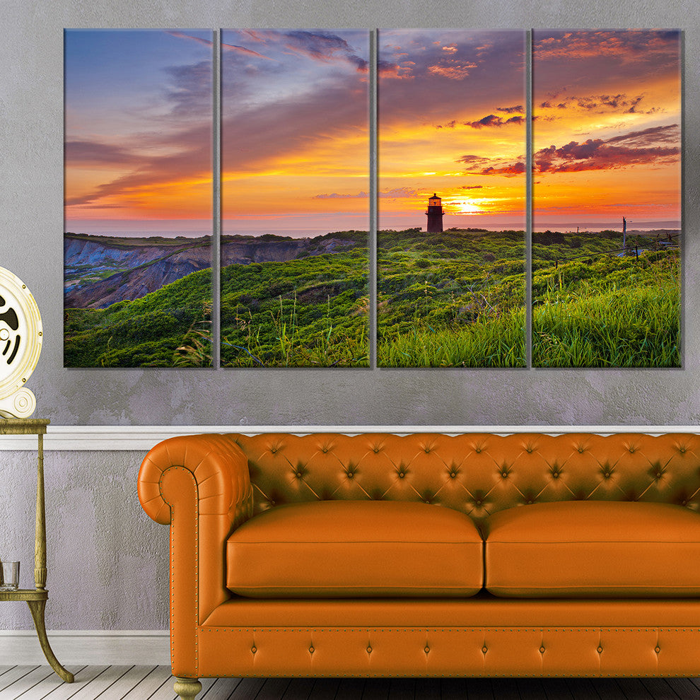 "Lighthouse At Gorgeous Sunset" Wall Art Landscape, 4 Panels, 48"x28"