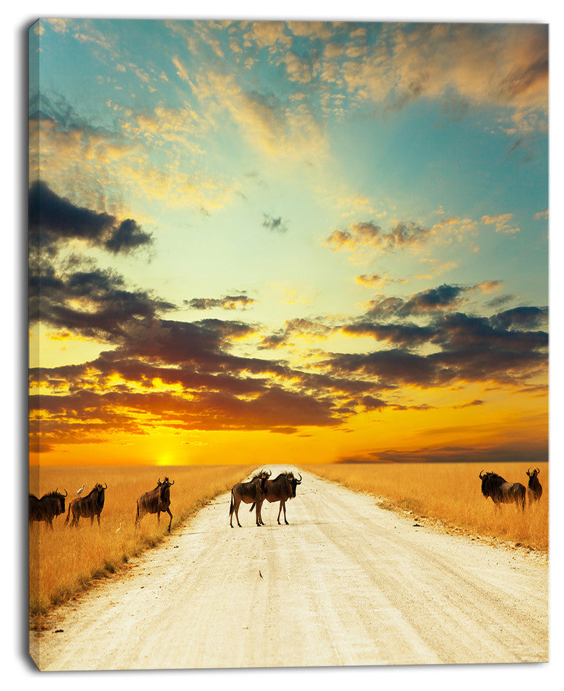 Wildebeests Crossing Path in Evening, African Landscape Canvas Print, 12"x20"
