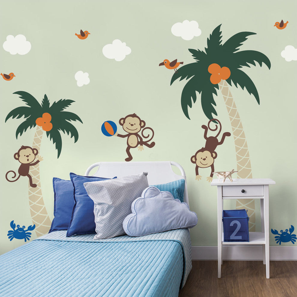 3 Monkeys With Palm Tree Wall Decal, Scheme C