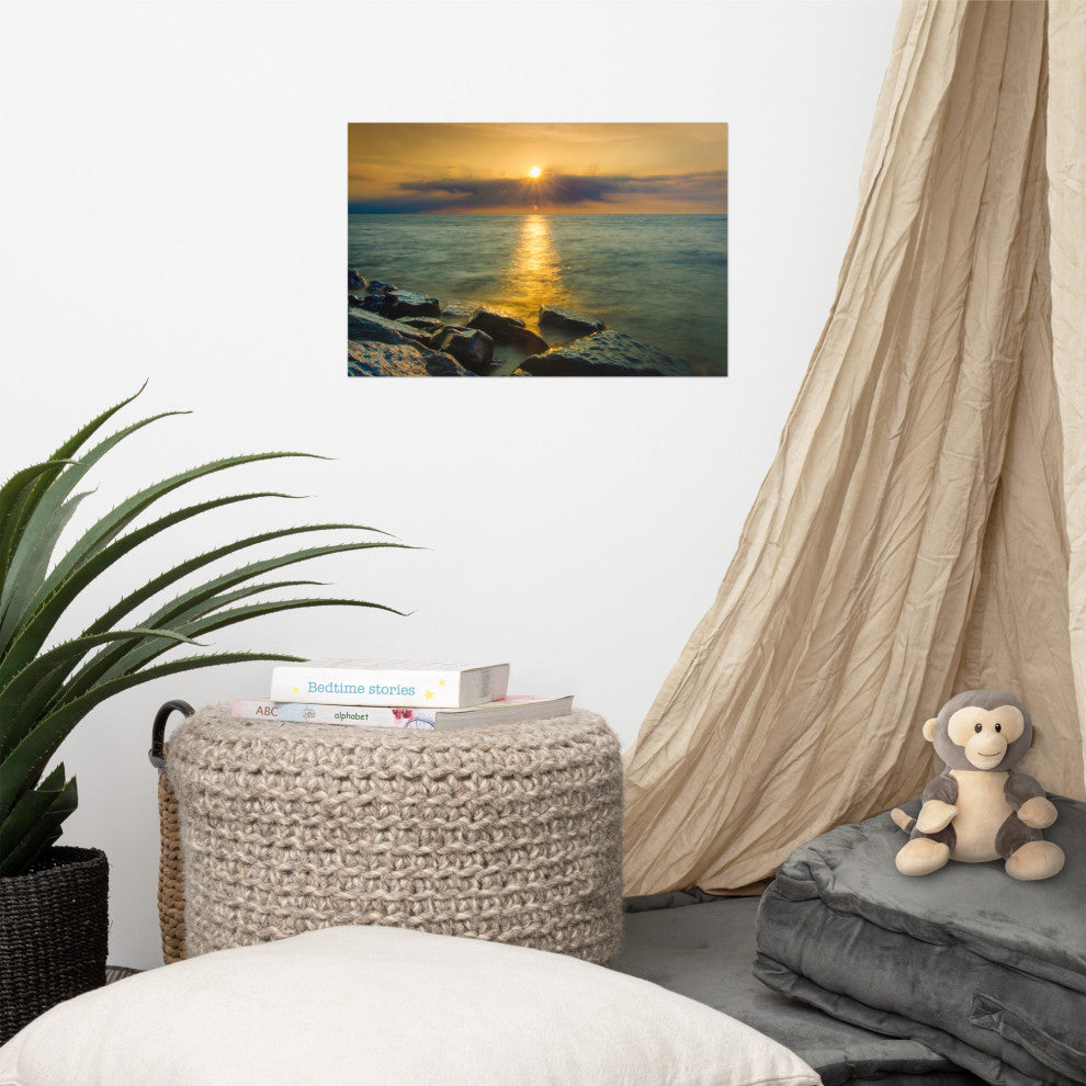 Sunset On Ocean, Sea, Beach Landscape Photo Unframed Wall Art Print, 12" X 18"