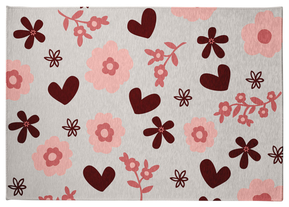 Flowery Love Valentines Chenille Rug, Gray, 5'x7'