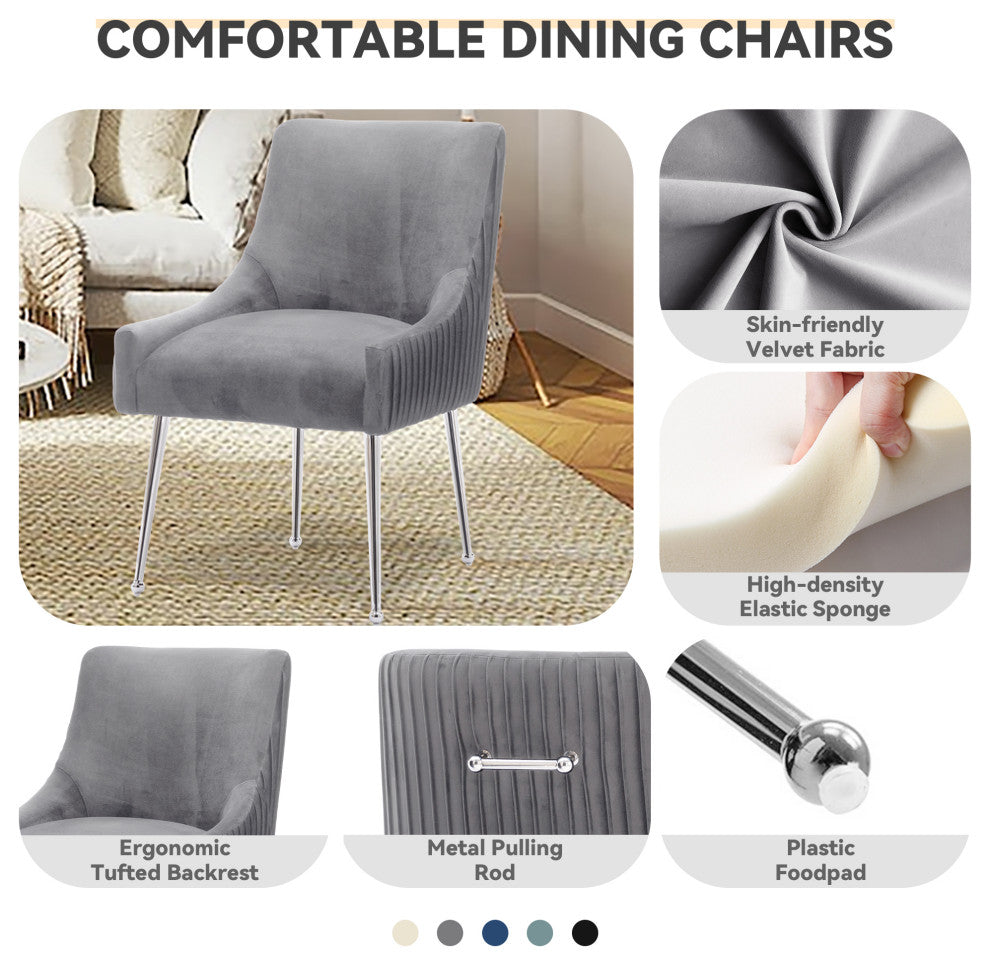 Pleated Velvet Dining Chair Set of 2, Tufted Accent Chair with Silver Legs, Gray