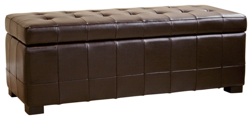 Adelaide Dark Brown Leather Storage Bench Ottoman With Dimples
