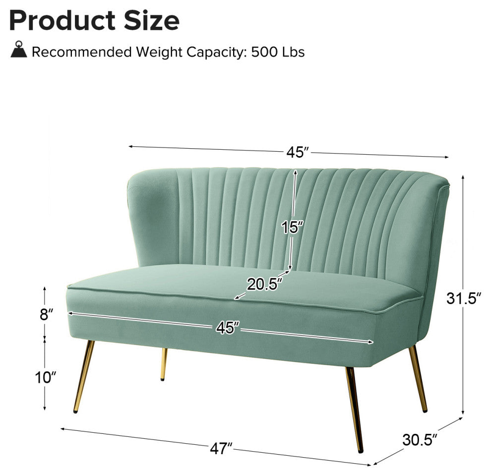 Velvet Tufted Loveseat Sofa With Golden Base, Sage