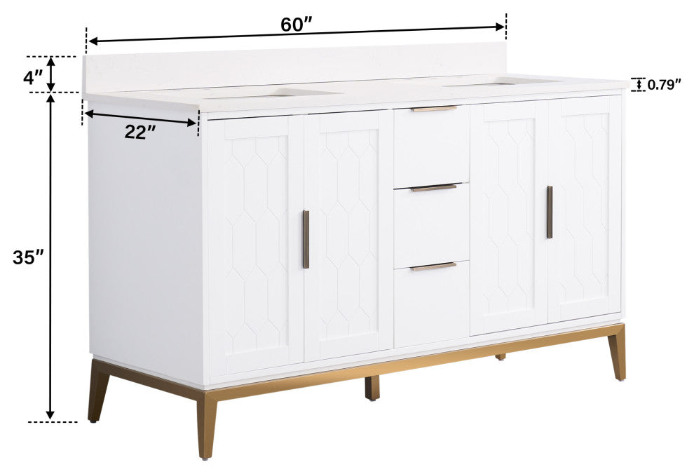 Alison Freestanding Bathroom Vanity with Italian Carrara White Marble Top, White, 60"