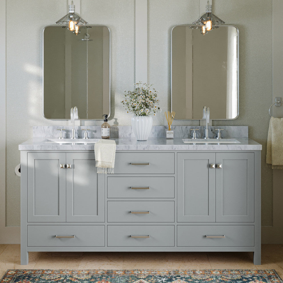 ARIEL Cambridge 73" Double Rectangle Sink Bathroom Vanity Grey With Marble Top
