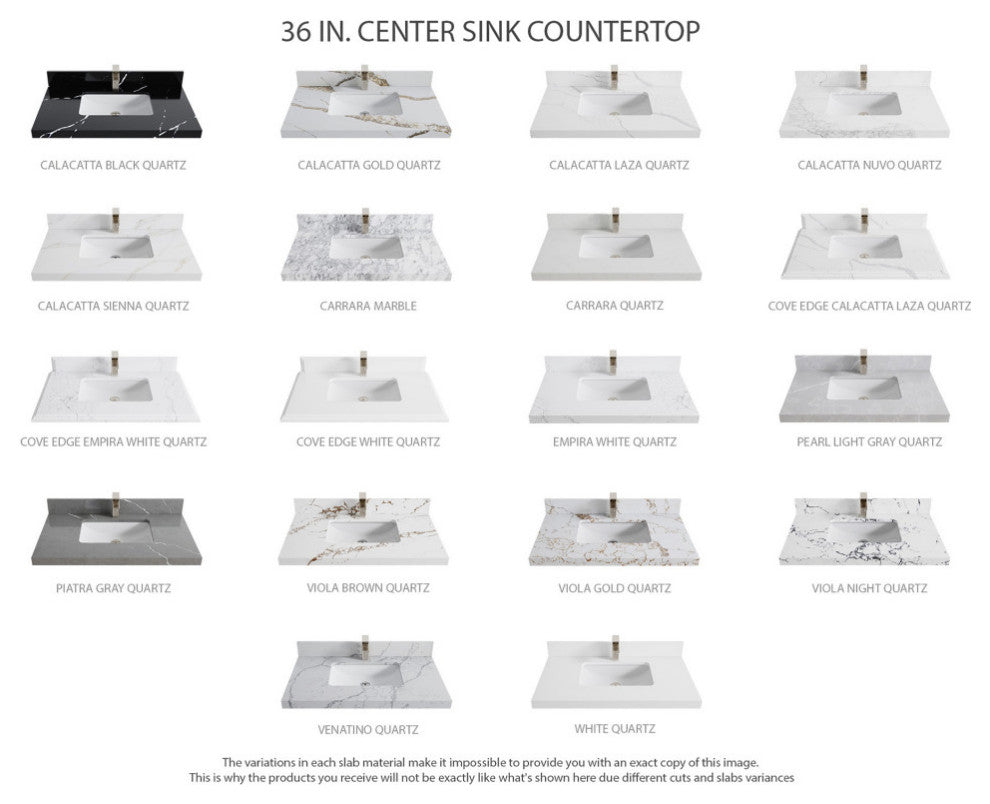 Aberdeen 36 Center Sink Bath Vanity in White 2" Venatino Quartz