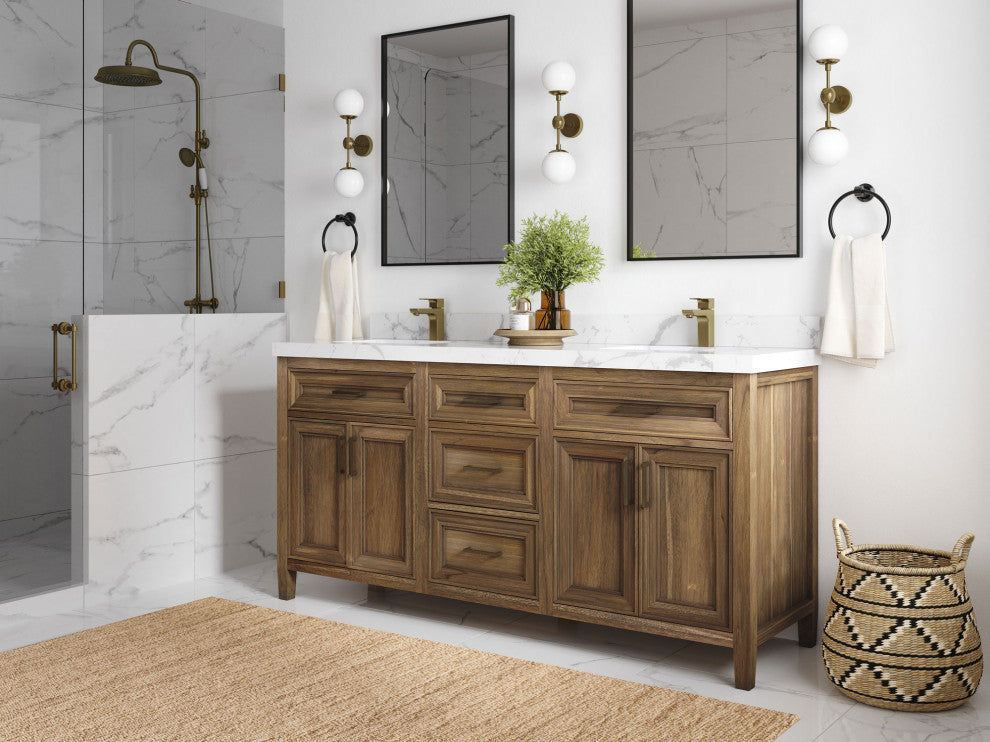 Santa Monica 72 Double Sink Bath Vanity in Graywashed Teak 2" White Quartz