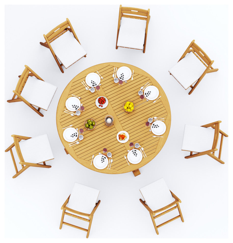 9-Piece Outdoor Teak Dining Set: 72" Round Table, 8 Surf Folding Arm Chairs