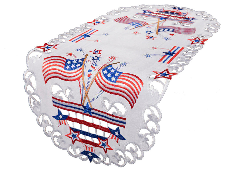 Star Spangled Embroidered Cutwork Table Runner, White, 15"x34"