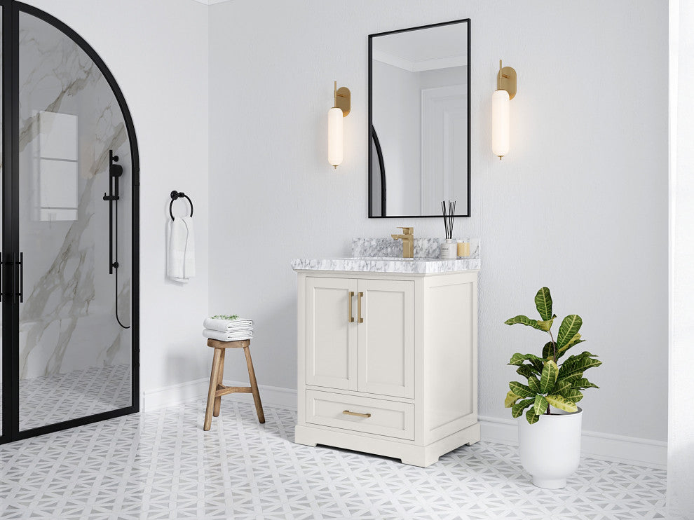 Boston 30" Single Sink Bath Vanity in Alabaster 2" Carrara Marble