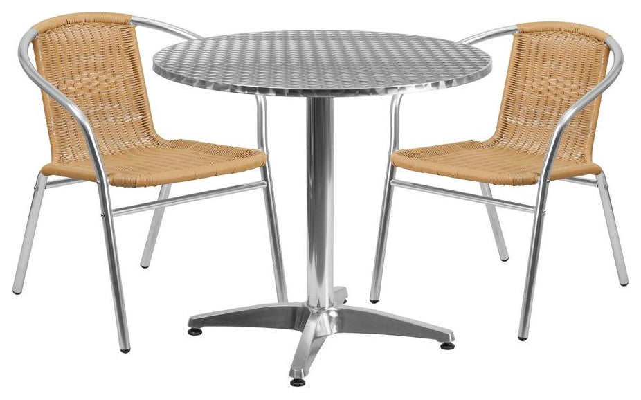 31.5" Round Aluminum Indoor Outdoor Table With 2 Beige Rattan Chairs