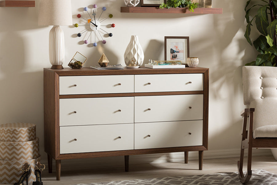 Wood 6-Drawer Storage Dresser Walnut Brown/White