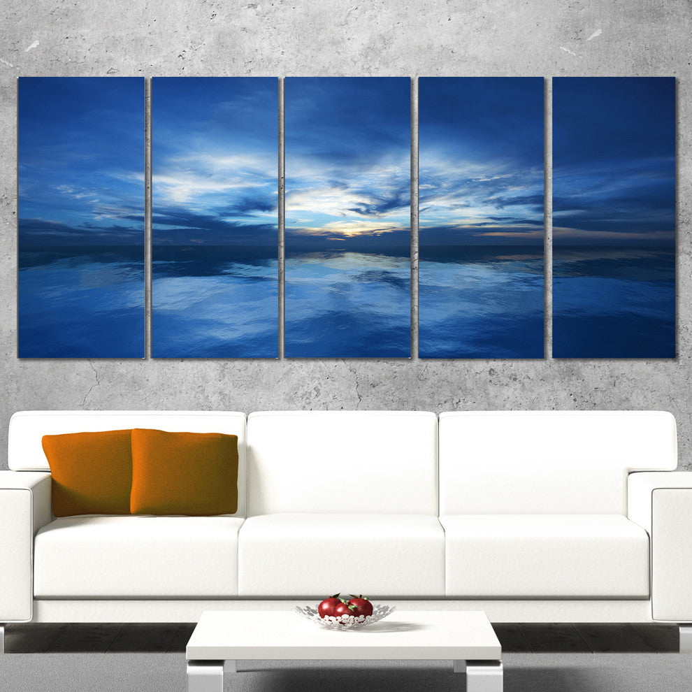 "Blue Waters And Blue Sky Sunset" Modern Seascape Wall Art, 5 Panels, 60"x28"