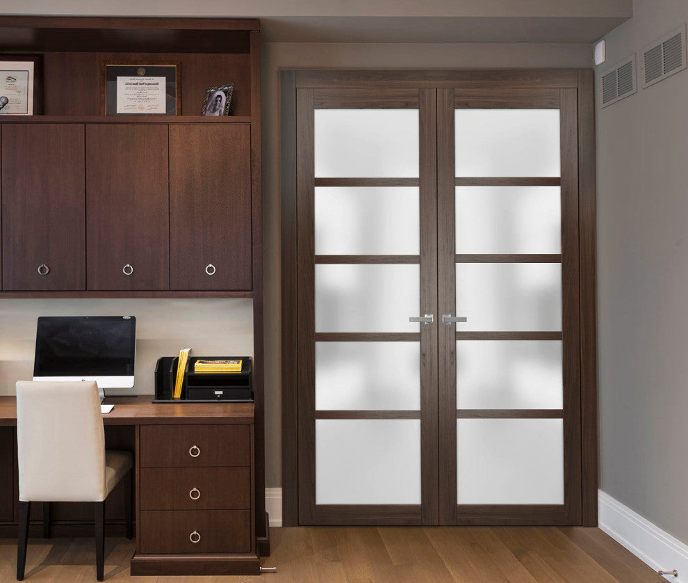 Interior French Double Doors Frosted Glass|Quadro 4002 Chocolate Ash -64x80