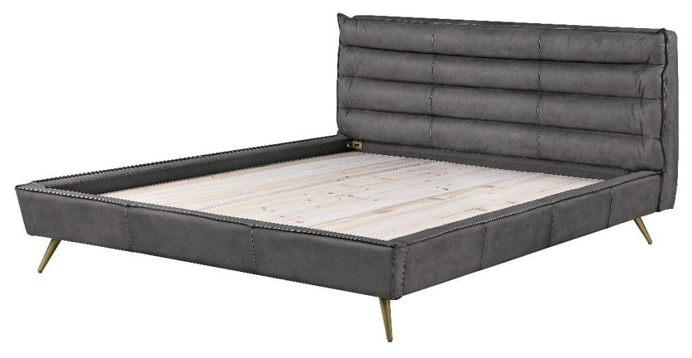 Alexa Top Grain Leather Platform Bed, Gray, Queen