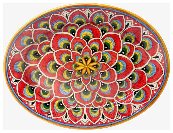 Deruta Ceramiche Sberna Penna di Pavone 16.5X13" Oval Platter, Red