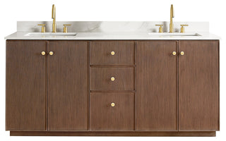 Oza Bath Vanity with Quartz Stone Top, Aged Dark Brown Oak, 72", Double Vanity, No Mirror