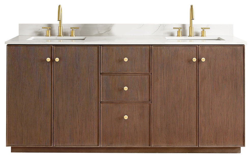 Oza Bath Vanity with Quartz Stone Top, Aged Dark Brown Oak, 72", Double Vanity, No Mirror