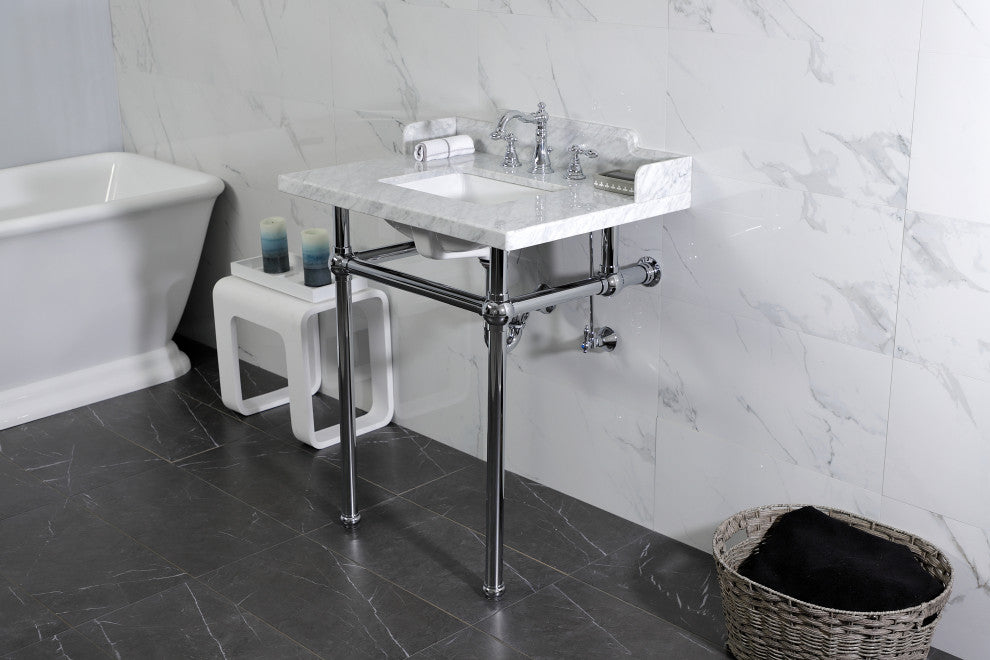 Kingston Brass LMS30MBSQ1 30" Carrara Marble Console Sink, Legs