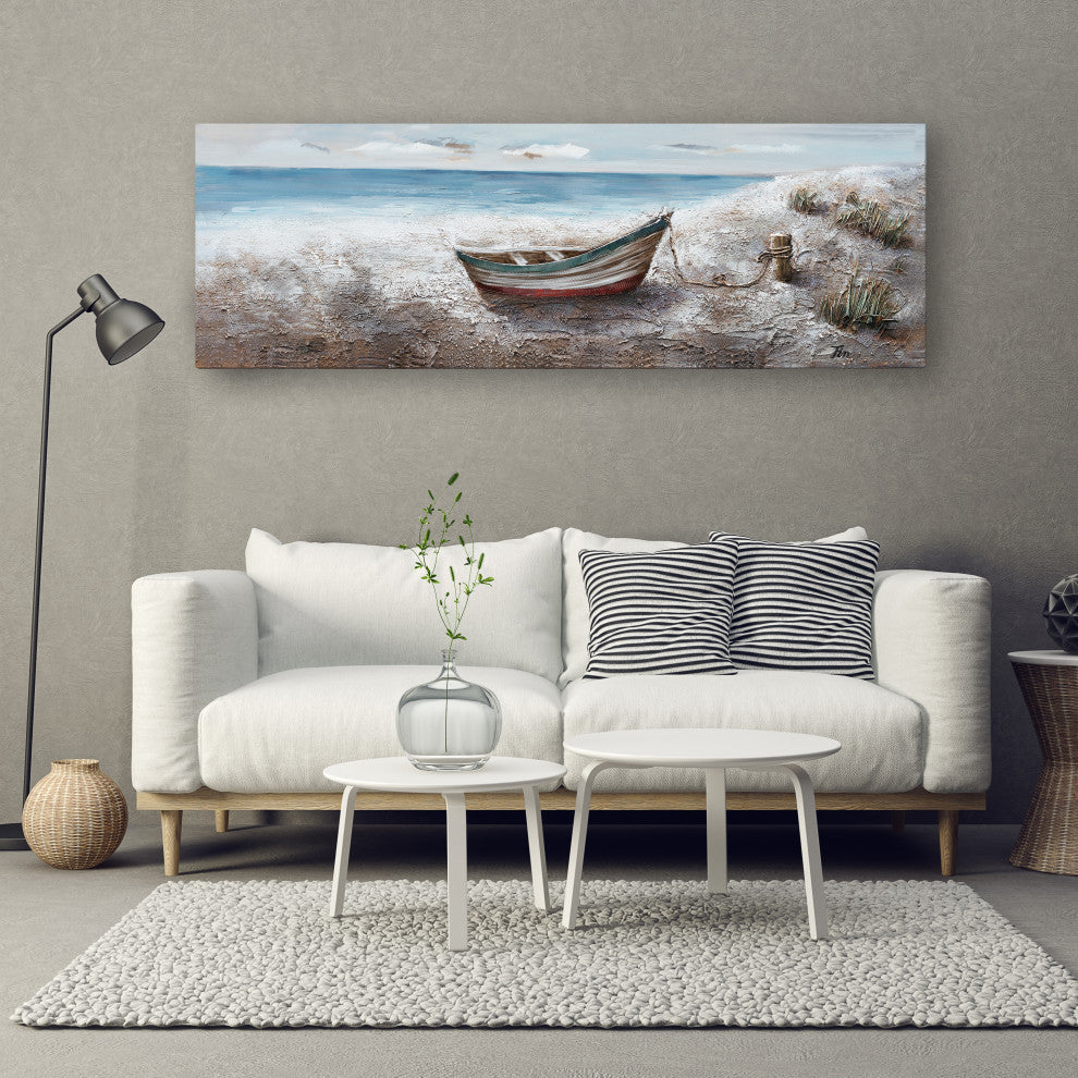 "Boat at the Lake" Hand Painted Canvas Art, 60"x20" - Wrapped Canvas Painting