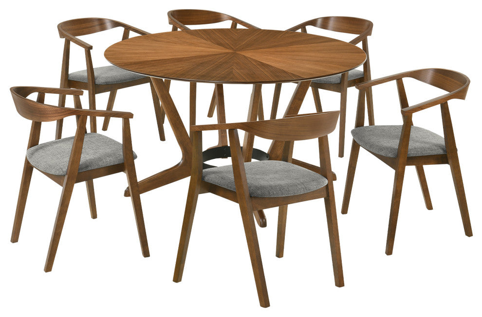 Santana 7-Piece Round Walnut Wood Dining Table Set With Charcoal Fabric