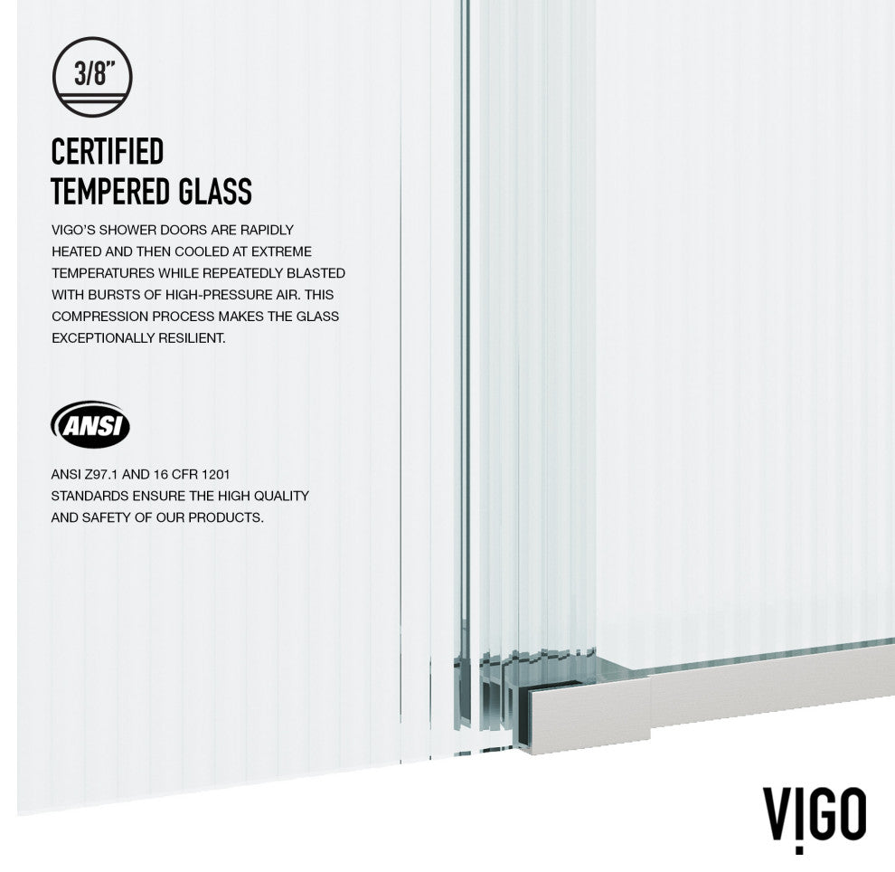 VIGO Elan 68" to 72" W x 74" H Frameless Sliding Shower Door, Stainless Steel, Right, Fluted Glass