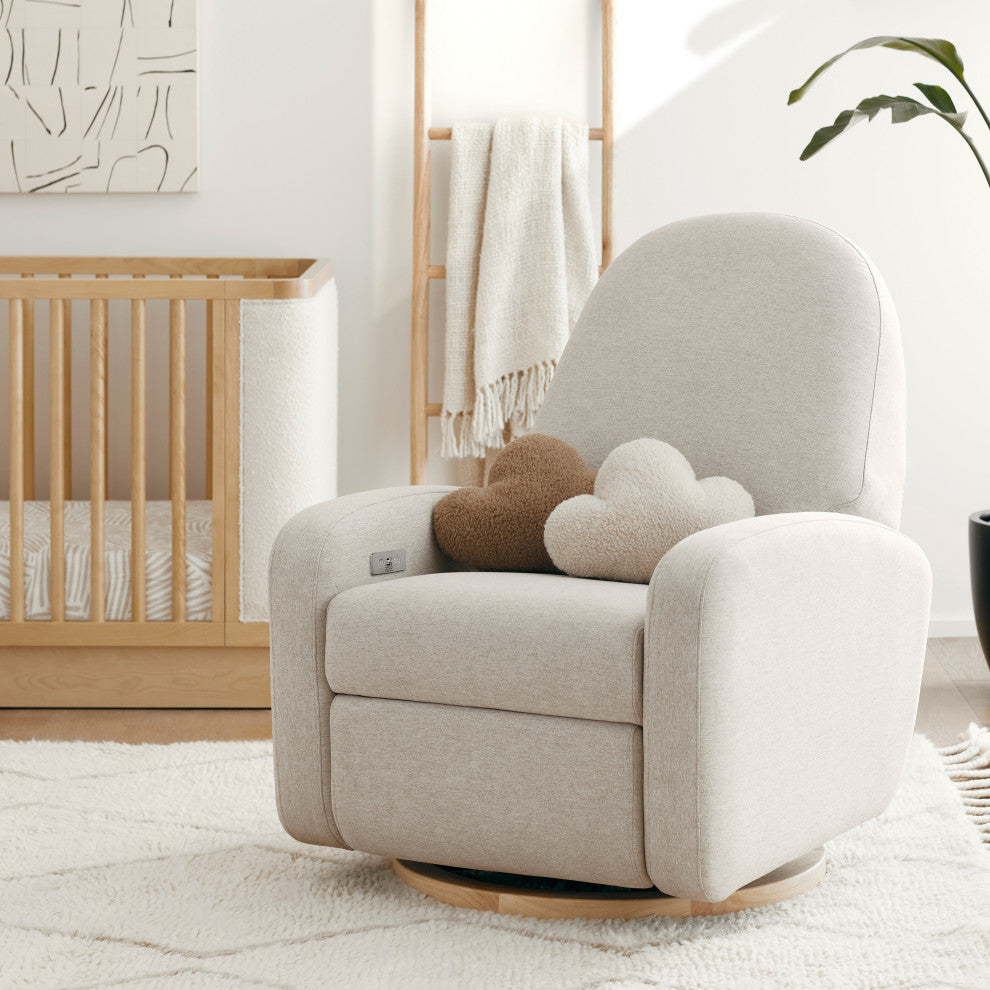 Nami Electronic Recliner and Swivel Glider Recliner, Boucle With USB port, Performance Beach Eco-Weave With Light Wood Base
