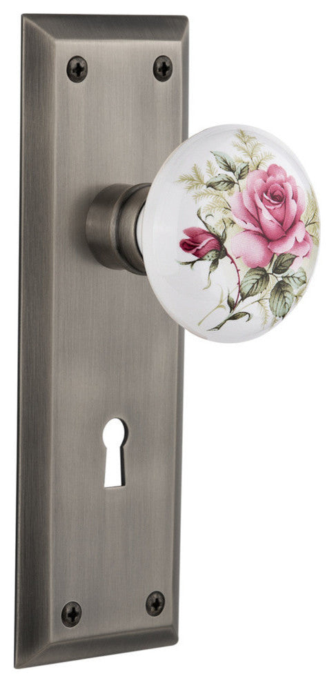 Double New York Plate With Rose Porcelain Knob, Antique Pewter