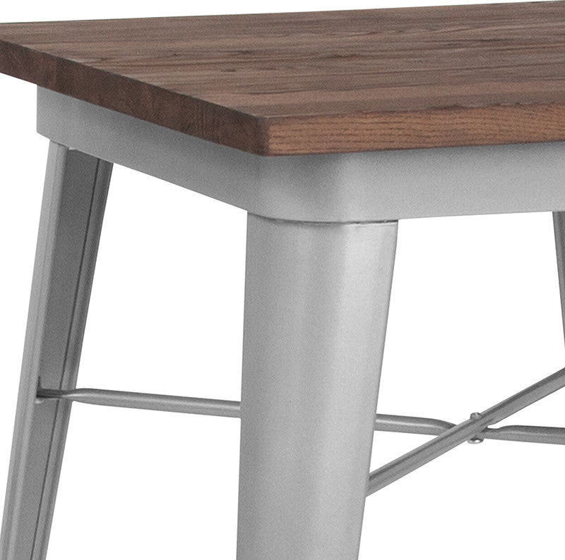 23.5" Square Silver Metal Indoor Table With Walnut Rustic Wood Top