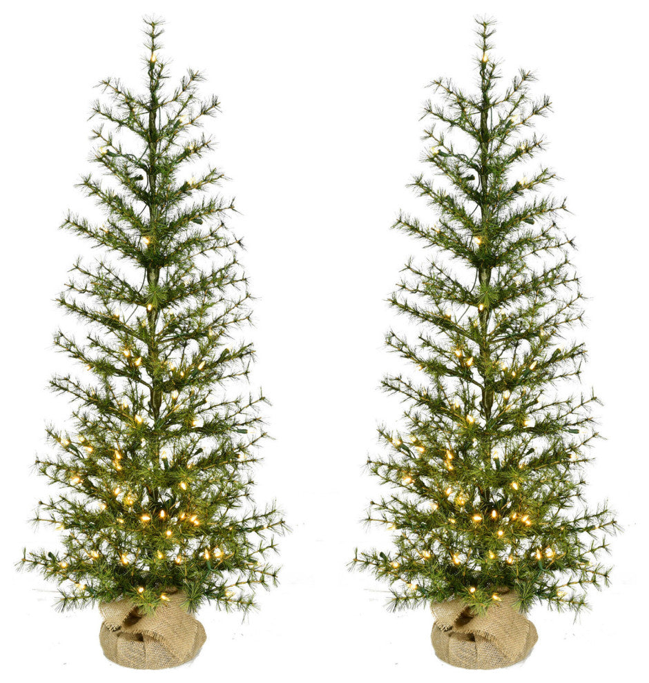 4' Farmhouse Fir Christmas Tree With Burlap Bag and Warm White LED Lights, Set o