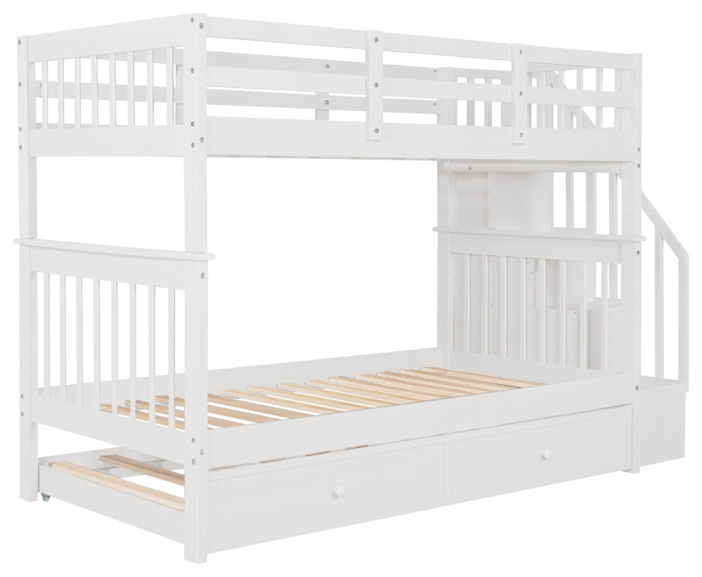 Gewnee Wood Twin-Over-Twin Bunk Bed with Trundle and Stairway in White