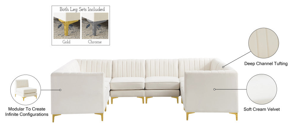 Alina Velvet Modular U-Shaped Sectional, Cream, 8-Piece: 4 Armless Chair, 4 Corner Chair