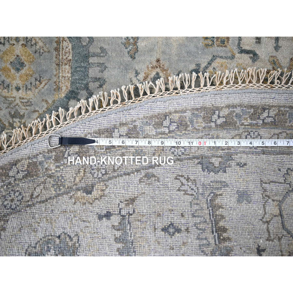 Blue Gray Hand Knotted Karajeh Design Wool Round Oriental Rug, 8'10"x9'
