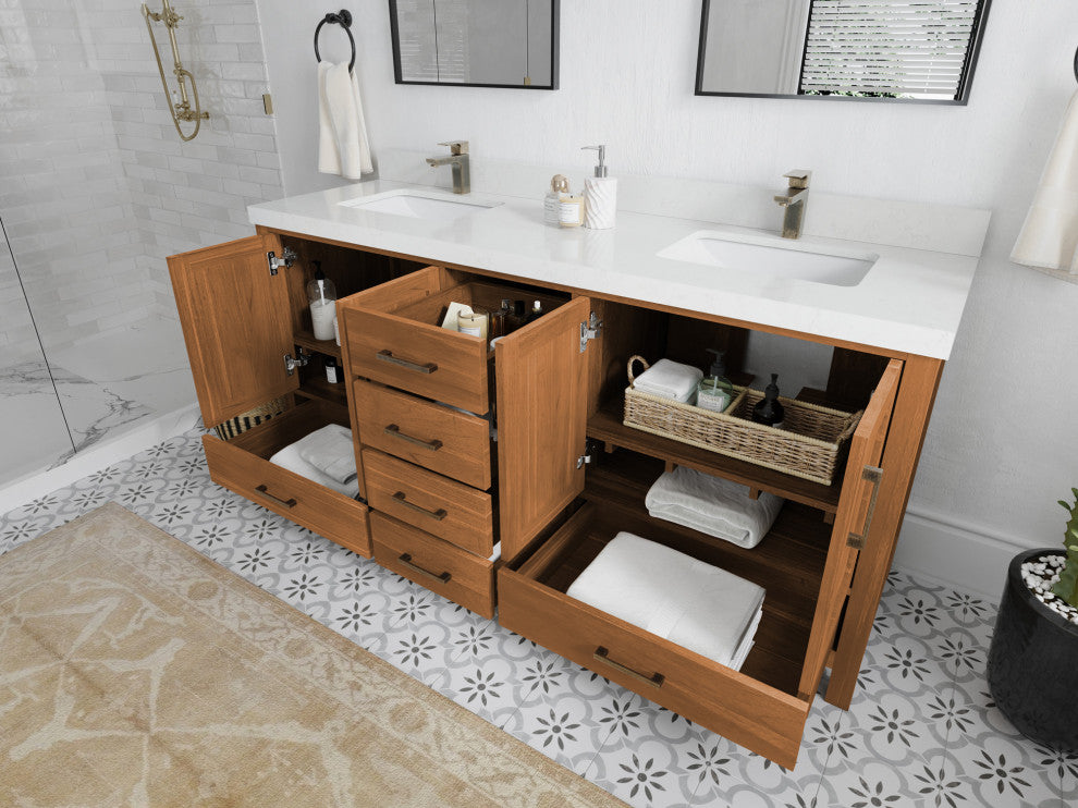 Malibu Teak 72 Double Sink Bath Vanity in Golden Teak 2" Carrara Marble