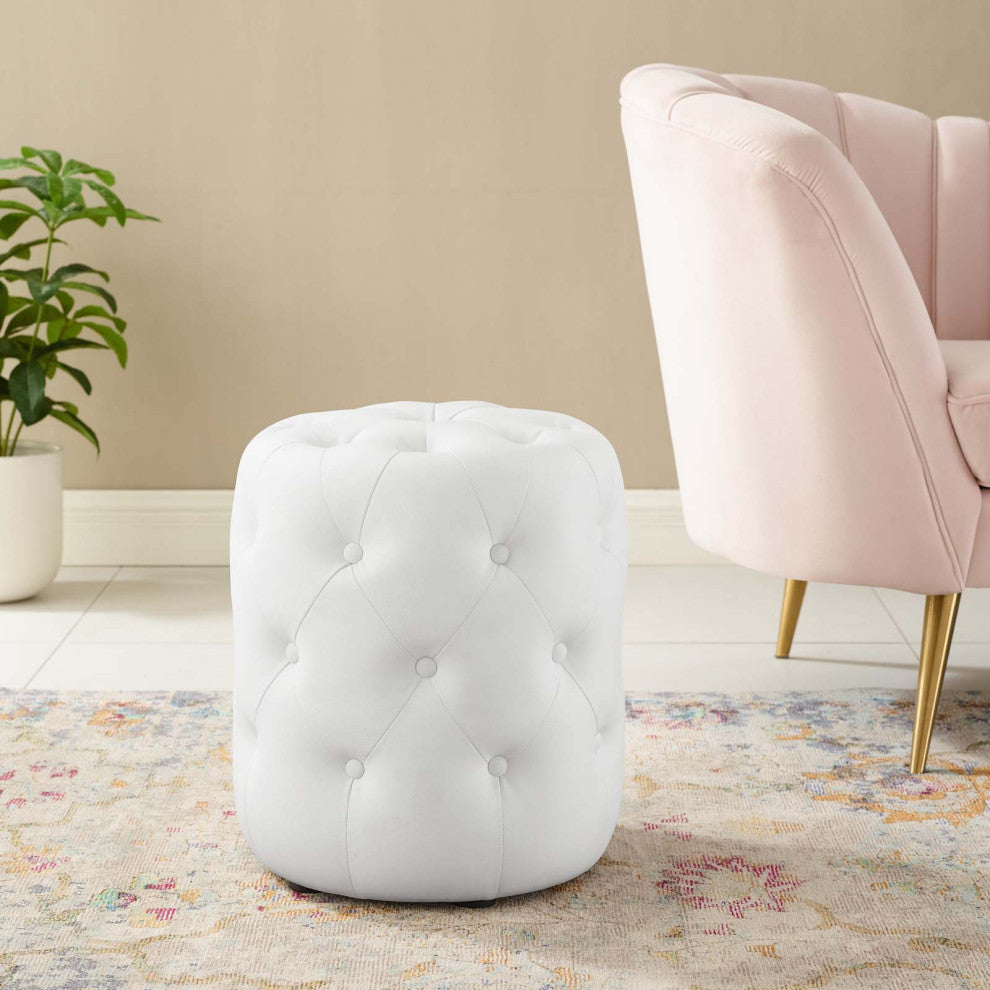 Tufted Accent Chair Ottoman, Round, Faux Leather, White, Modern, Lounge