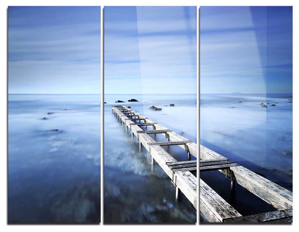 "Dark Blue Sky and Large Pier" Photo Metal Wall Art, 3 Panels, 36"x28"