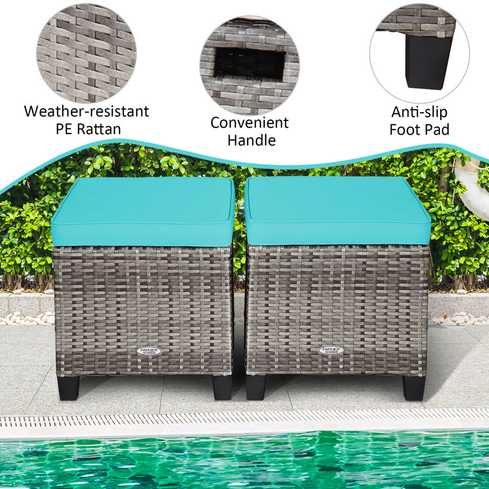 Costway 2PCS Patio Rattan Cushioned Ottoman Seat Foot Rest TableTurquoise