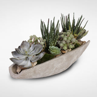 Assorted Artificial Succulents With Natural Pebbles, Stone Boat