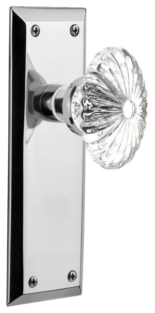 Double New York Plate With Oval Fluted Crystal Knob, Bright Chrome