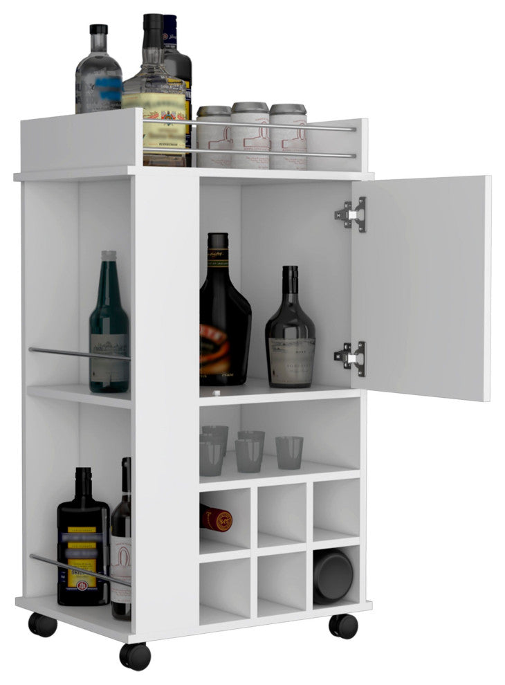 Farson Bar Cart with 6 Built-in Wine Racks, Cabinet, and Caster Wheels, White